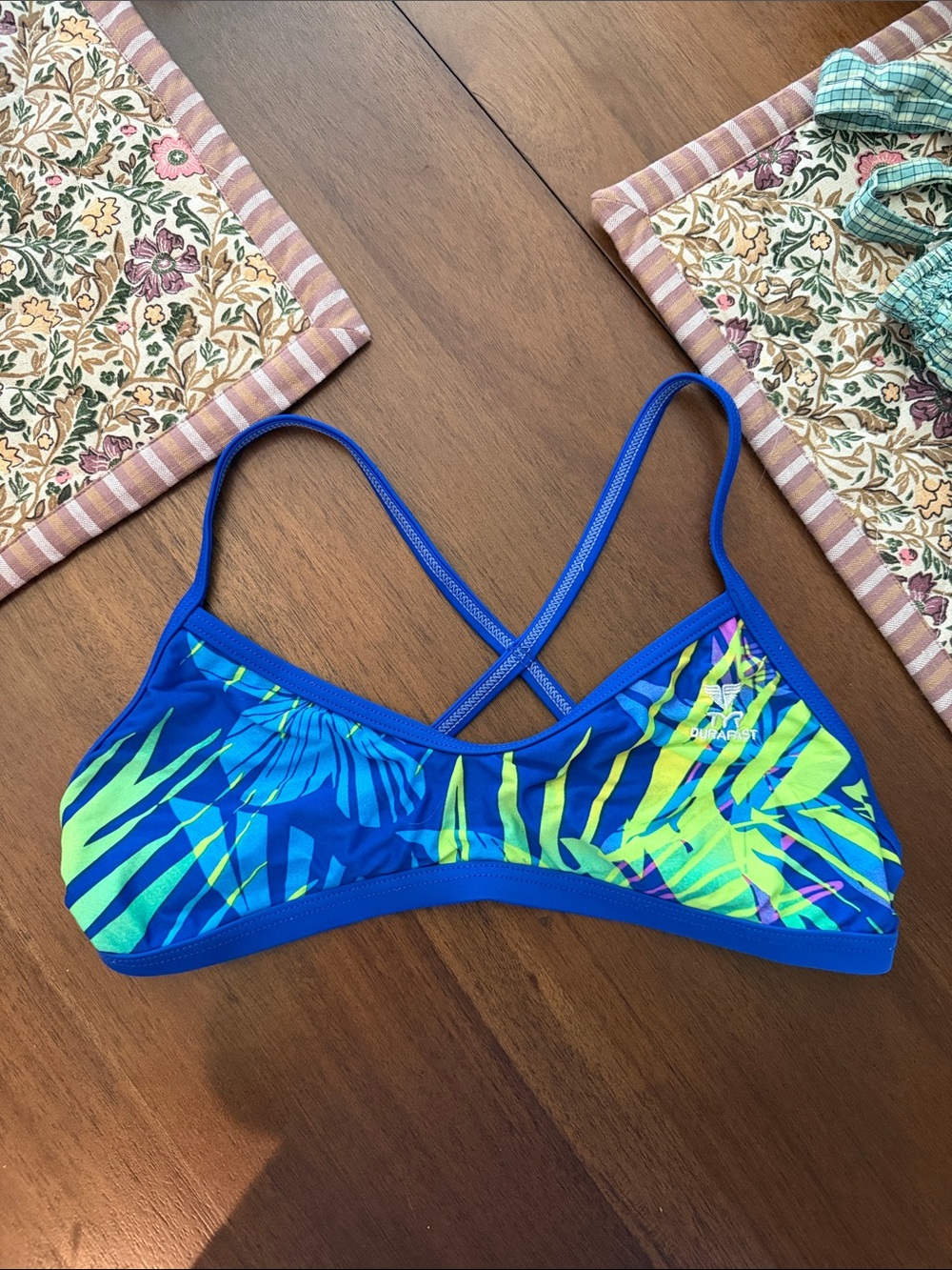 Blue and Neon Green Tropical Print Bikini Top